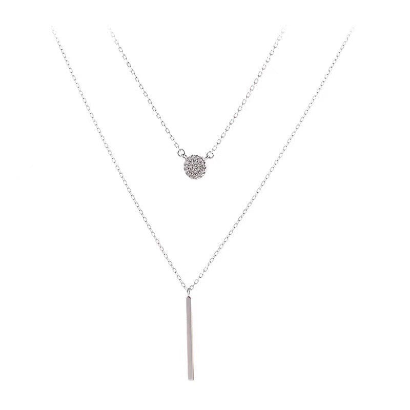 S925 Silver Color Double Chain Long Stick Micro Pave Zircon Round Pendant Necklaces For Women