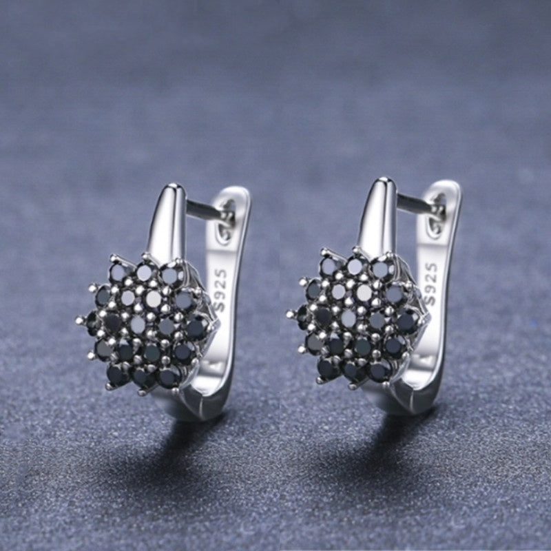Korean Style Simple Copper Vintage Black Zircon Flower Stud Earrings