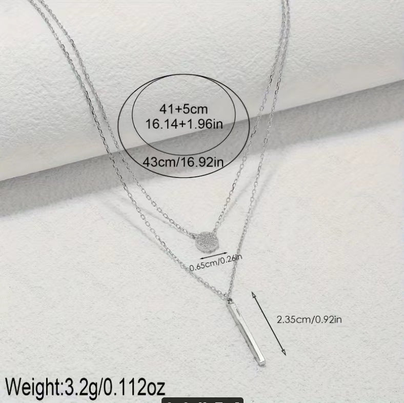 S925 Silver Color Double Chain Long Stick Micro Pave Zircon Round Pendant Necklaces For Women