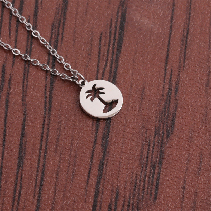 Titanium Steel Hollow Coconut Tree Pendant Necklace