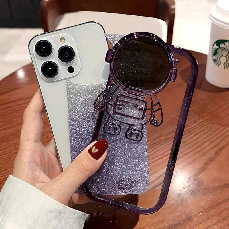 Glitter Astronaut Camera Stand iPhone Case With invisible Lens Bracket Plating Soft Cover