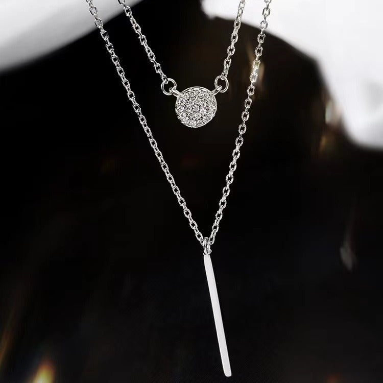 S925 Silver Color Double Chain Long Stick Micro Pave Zircon Round Pendant Necklaces For Women