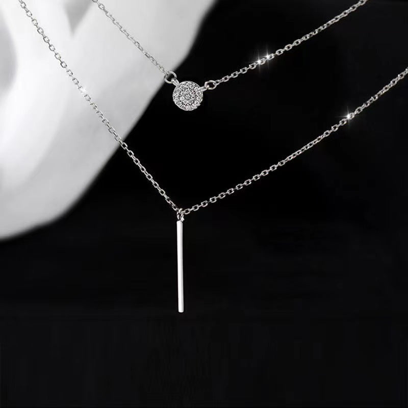 S925 Silver Color Double Chain Long Stick Micro Pave Zircon Round Pendant Necklaces For Women