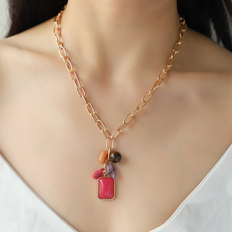 Semi-precious Stone Color Pendant Necklace For Women