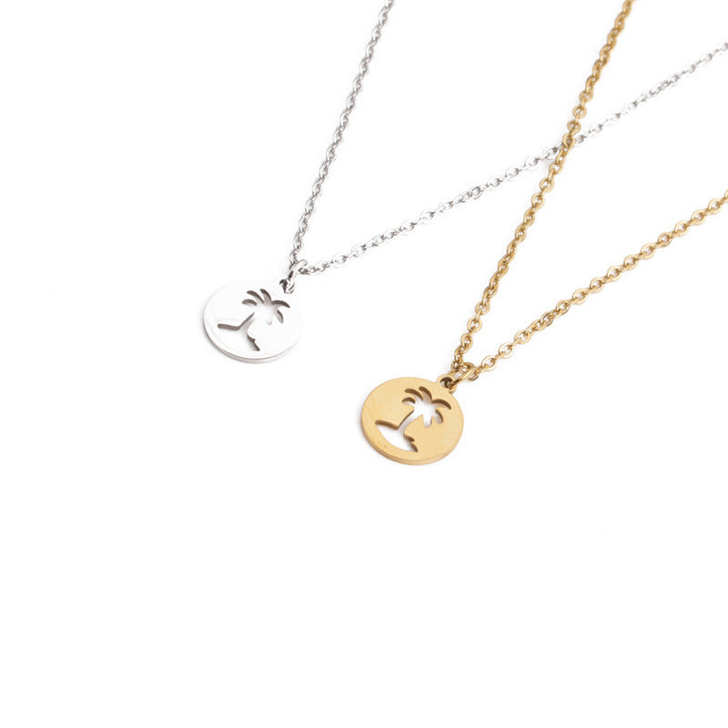 Titanium Steel Hollow Coconut Tree Pendant Necklace